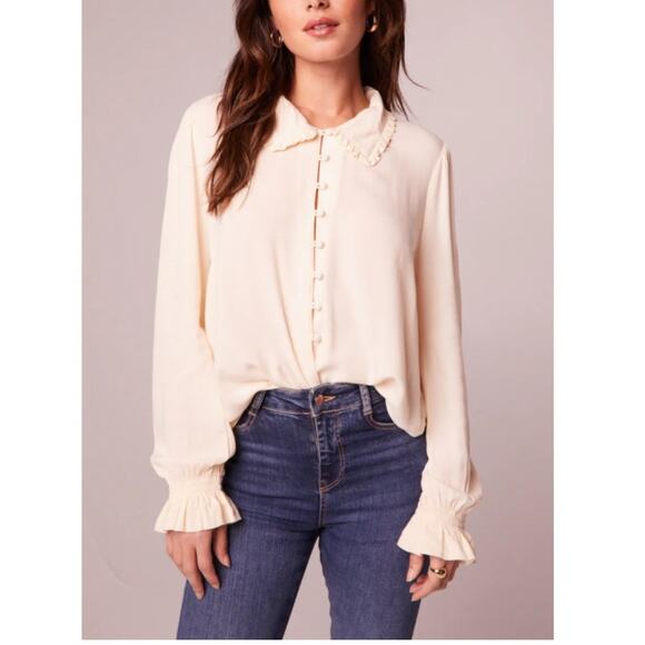 BAND OF THE FREE DENISE CREAM RUFFLE COLLAR BUTTON DOWN POET‎ BLOUSE TOP L-NEW - Picture 2 of 8